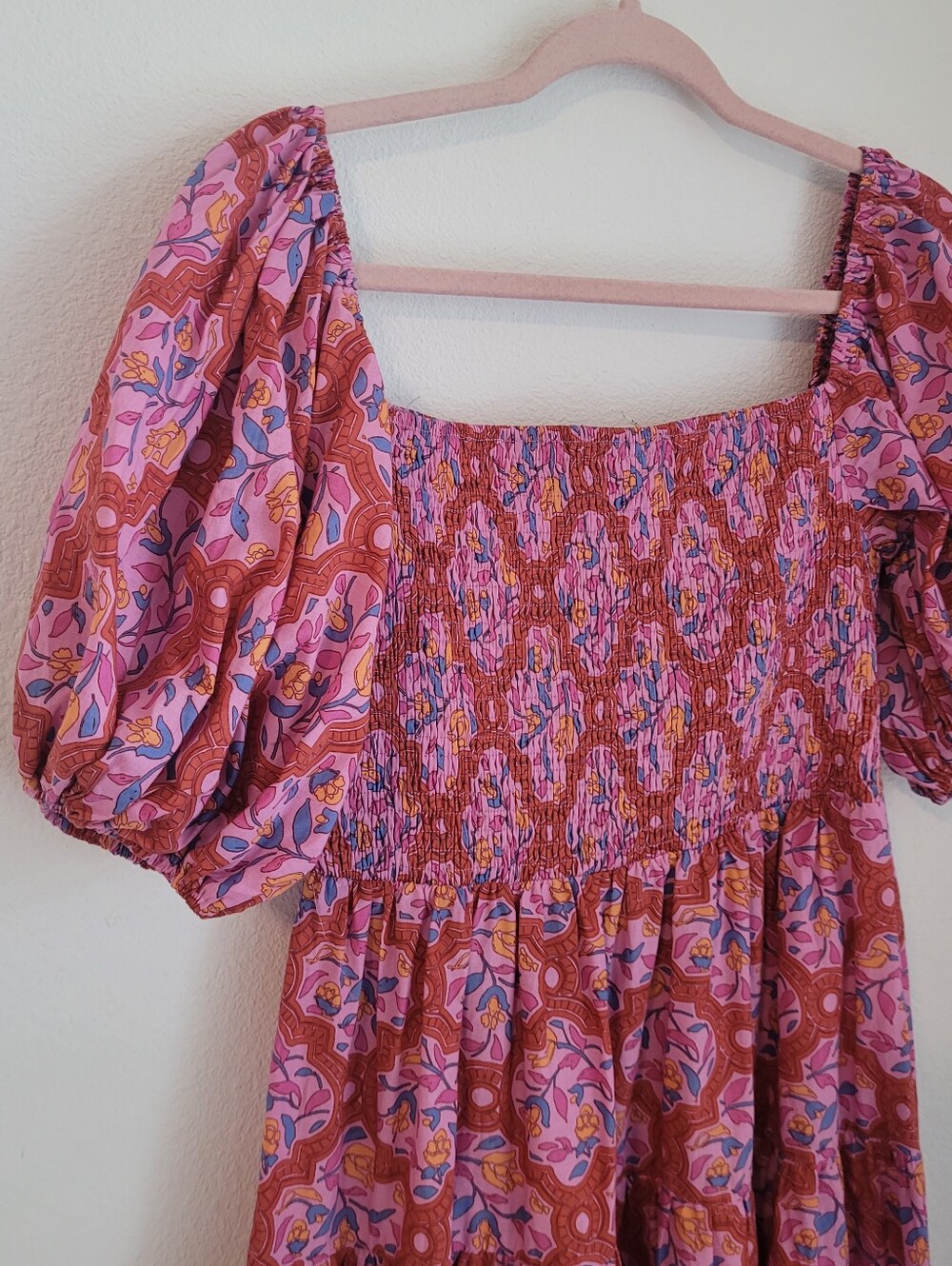 Avara Floral Smocked Puff Sleeve Tiered Midi Dress Pink Orange Large Cottagecore